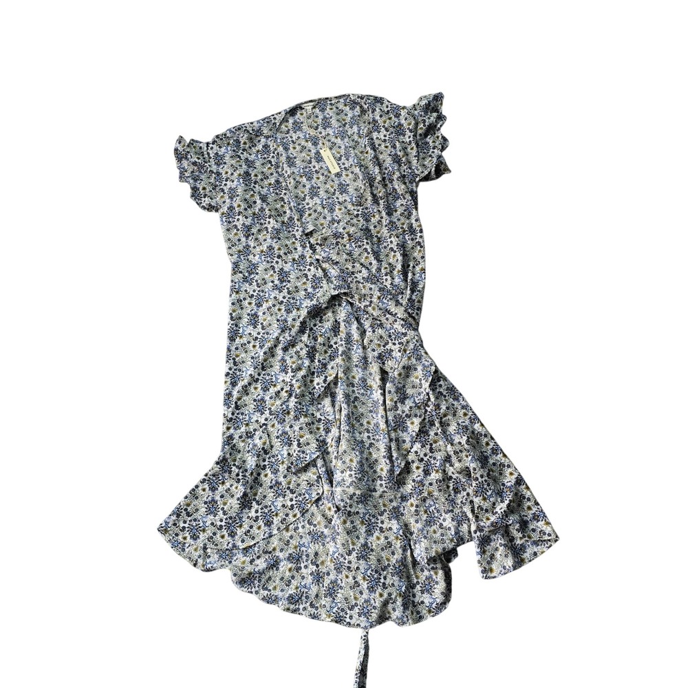 Max Studio Womens Floral Wrap Midi Dress Blue Yellow Ruffle 8907C58 Size M NEW